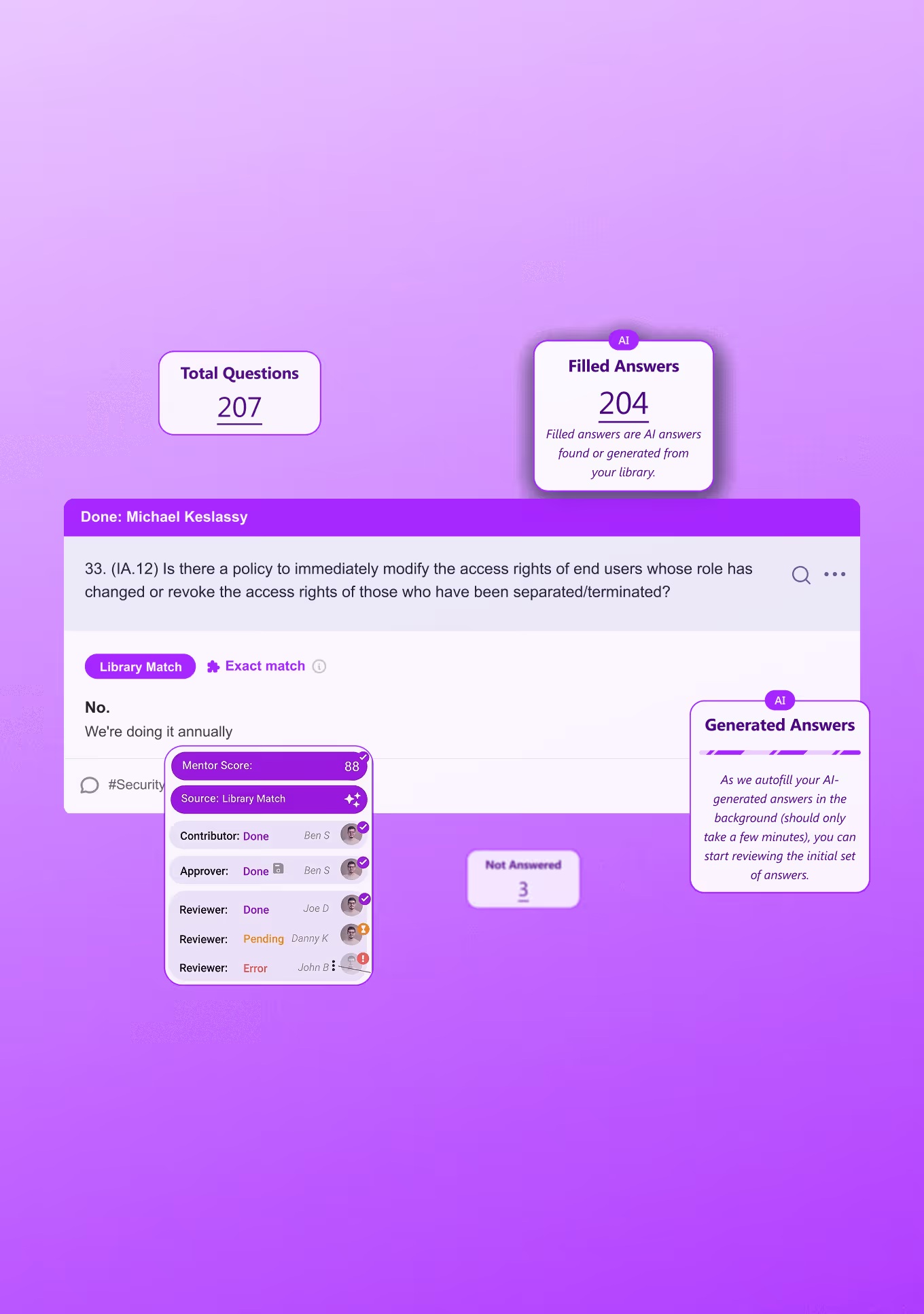 Vendict illustrative interface showing AI-filled questionnaire answers and review status