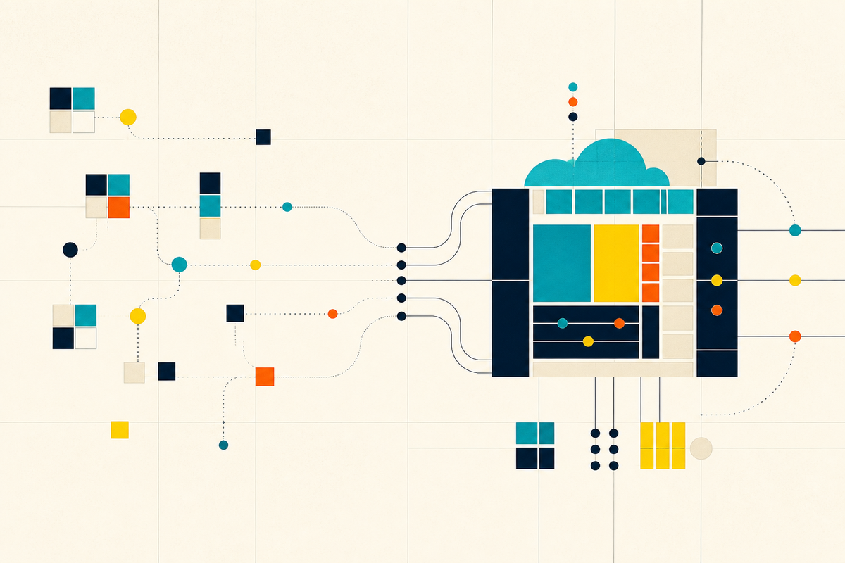 Abstract Swiss-style network of modular software teams flowing into an ordered cloud system