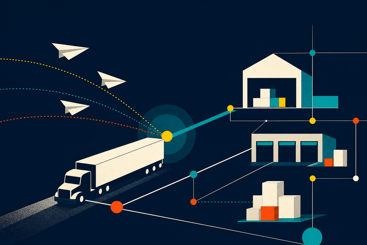 Abstract Swiss-style illustration of a freight truck connecting warehouses, parcels and logistics nodes