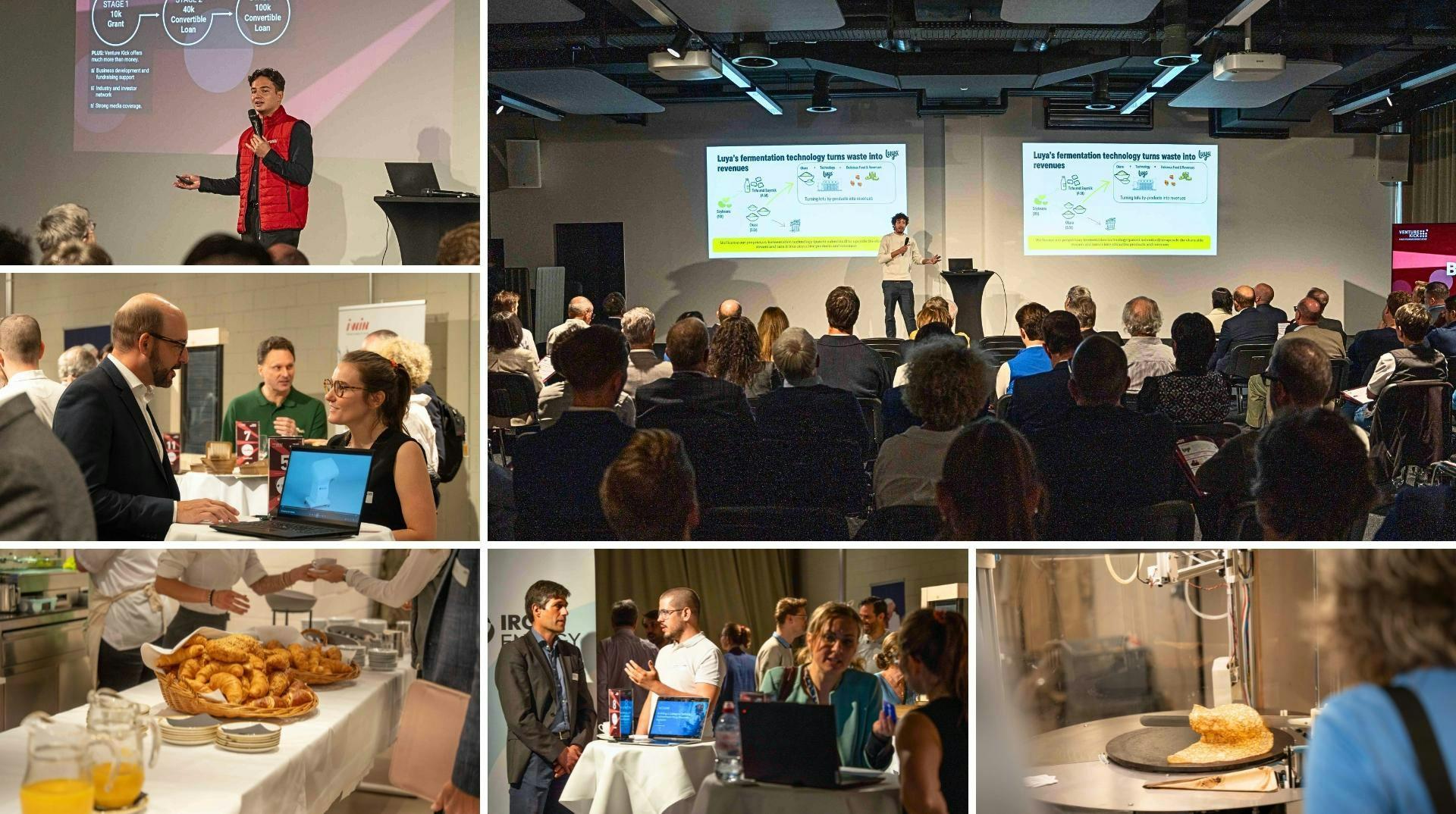 Venture Kick Demo Brunch collage showing founder pitches, investor conversations and a robotic crêpe station