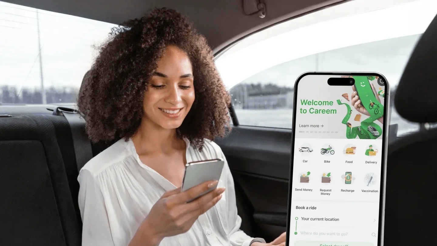 Careem promotional image showing a passenger and the app’s service options