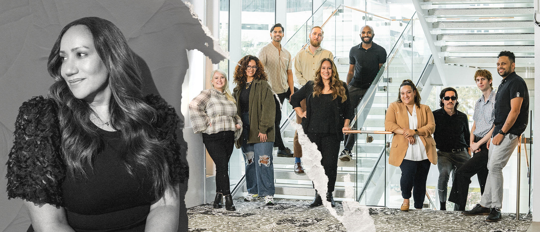 Founder Cristina Vera Bridges in a black-and-white portrait beside the Vera Creative team