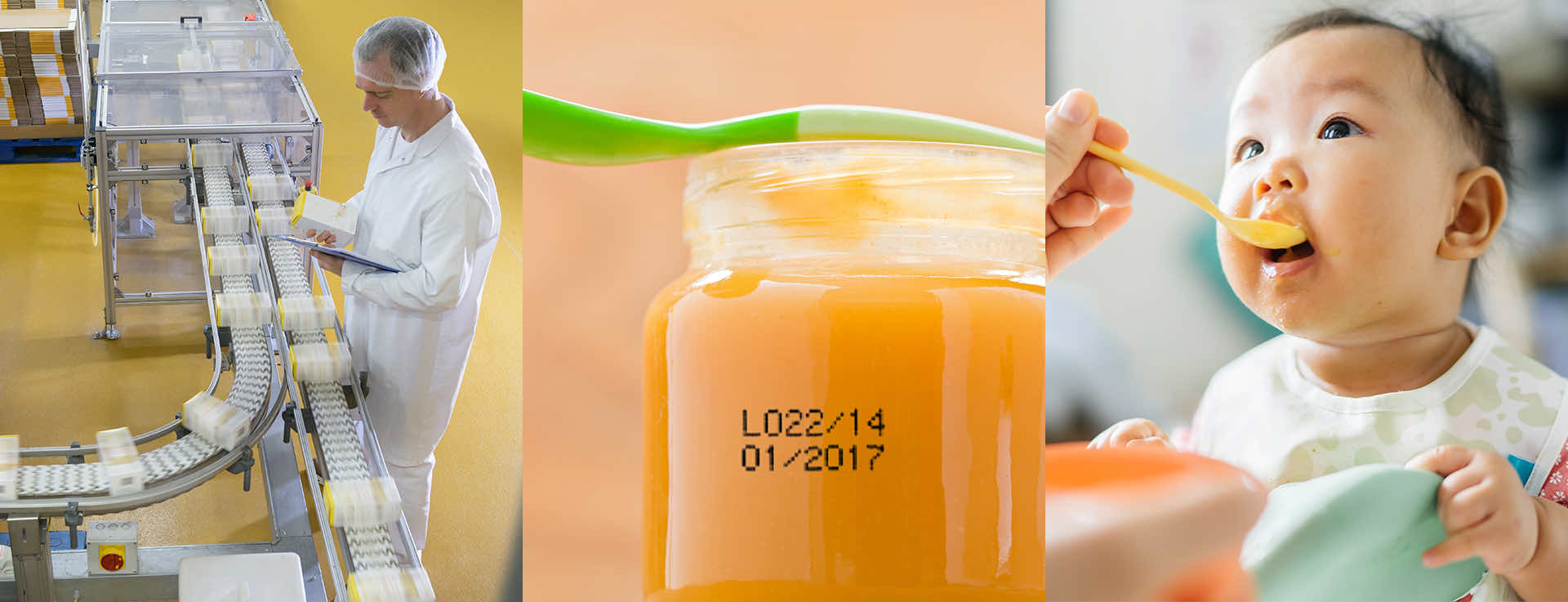 Veralto montage of a manufacturing line, a printed code on baby food packaging and a baby being fed
