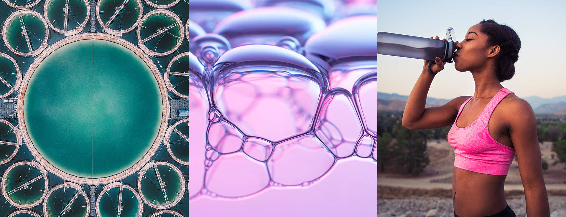 Veralto montage showing a treatment plant, bubbles in water and a woman drinking from a bottle