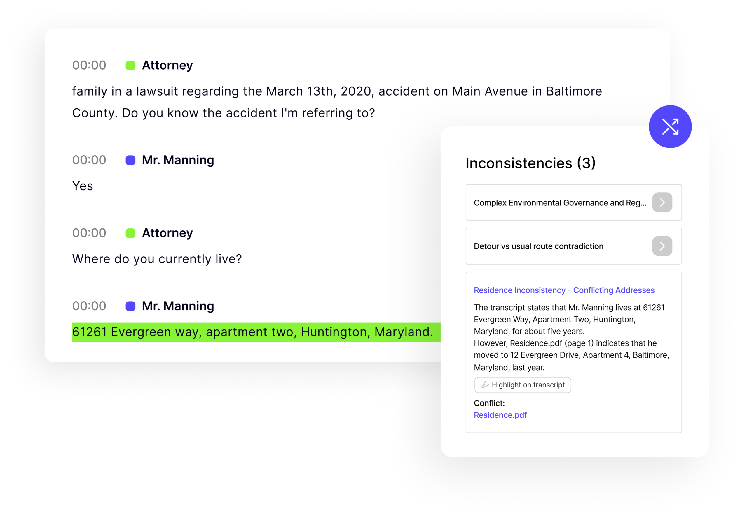 Legal Visor interface showing a live transcript alongside deposition insights