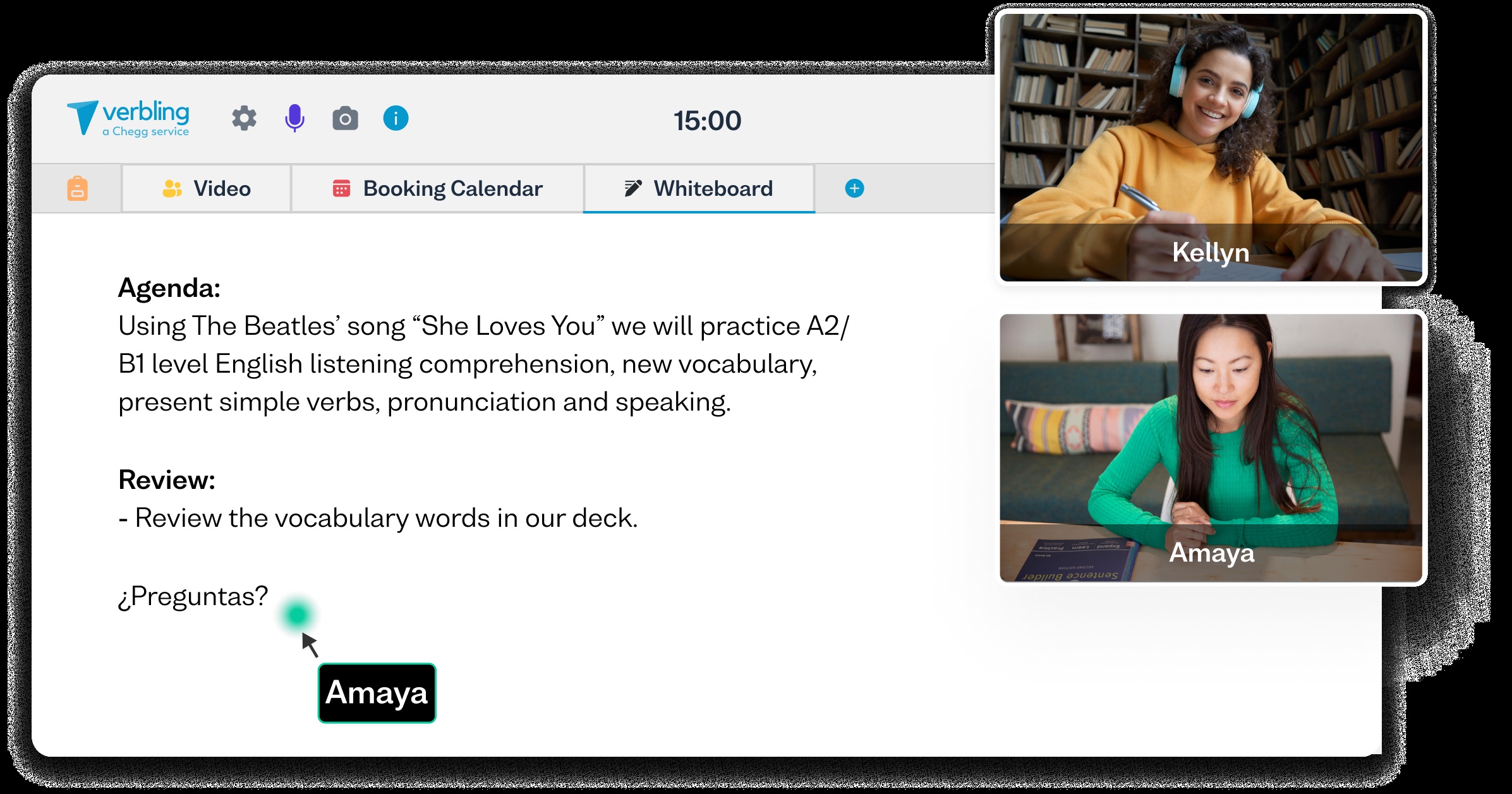 Verbling’s promotional classroom image showing two video participants, a booking-calendar tab and a shared whiteboard