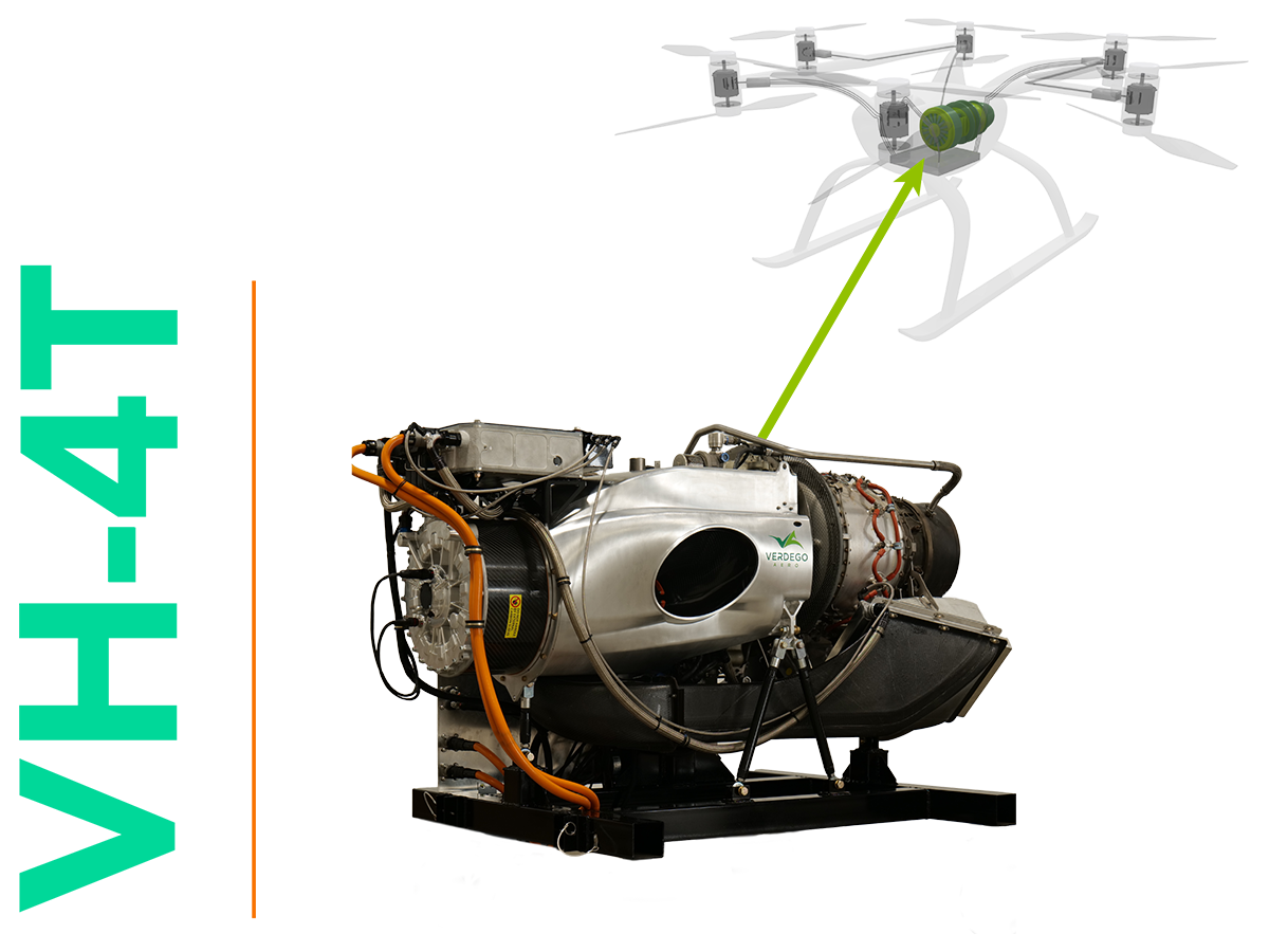 VerdeGo Aero VH-4T turbine hybrid-electric powerplant on a dark mounting frame