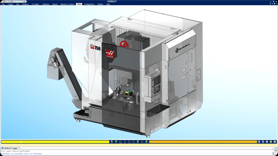 Vericut CNC machine simulation showing a transparent model of a Haas machining center