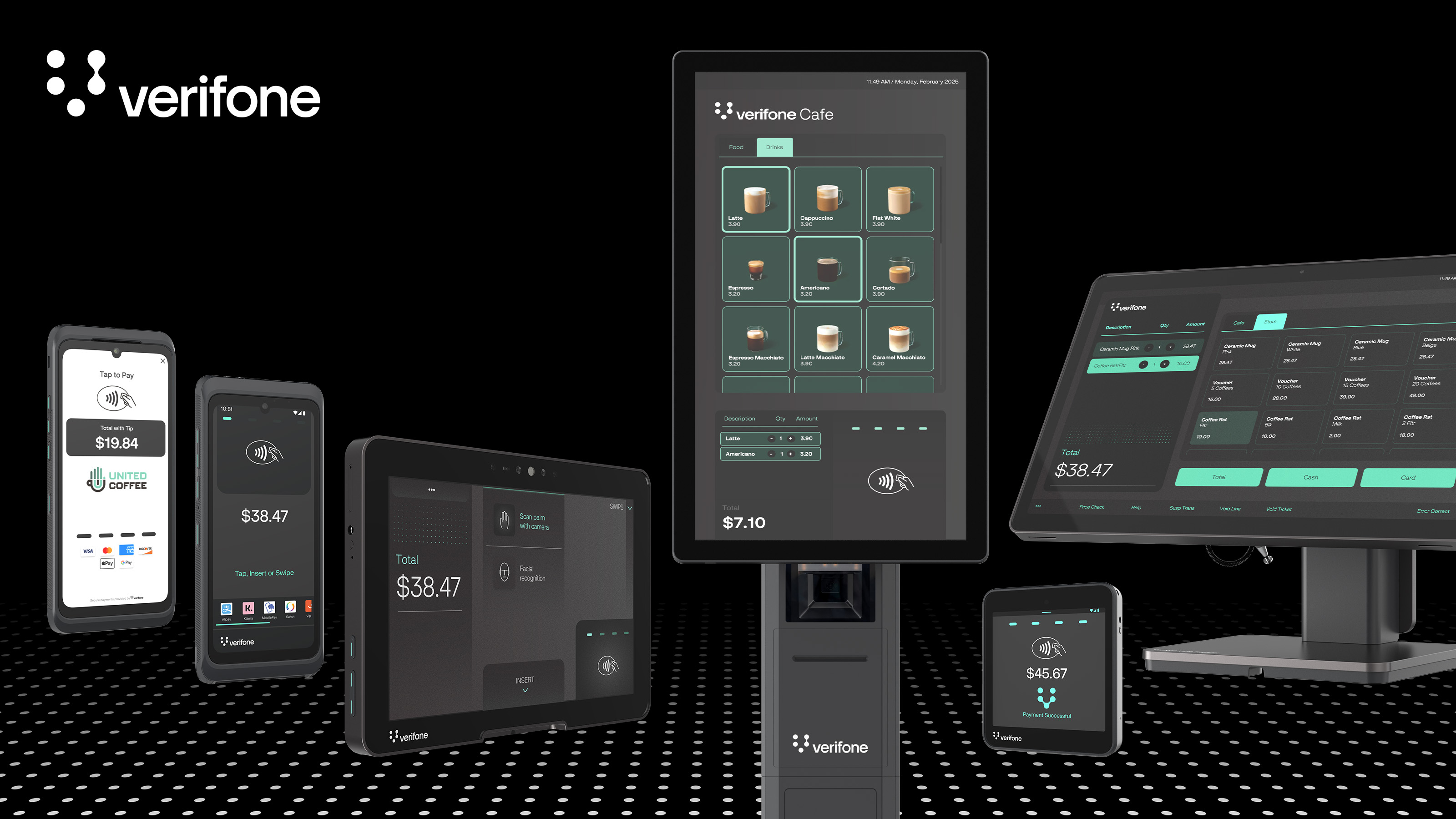 The Verifone Victa range of payment terminals on a dark graphic background