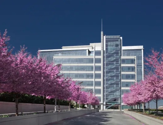 Verisign headquarters building behind flowering trees in Reston