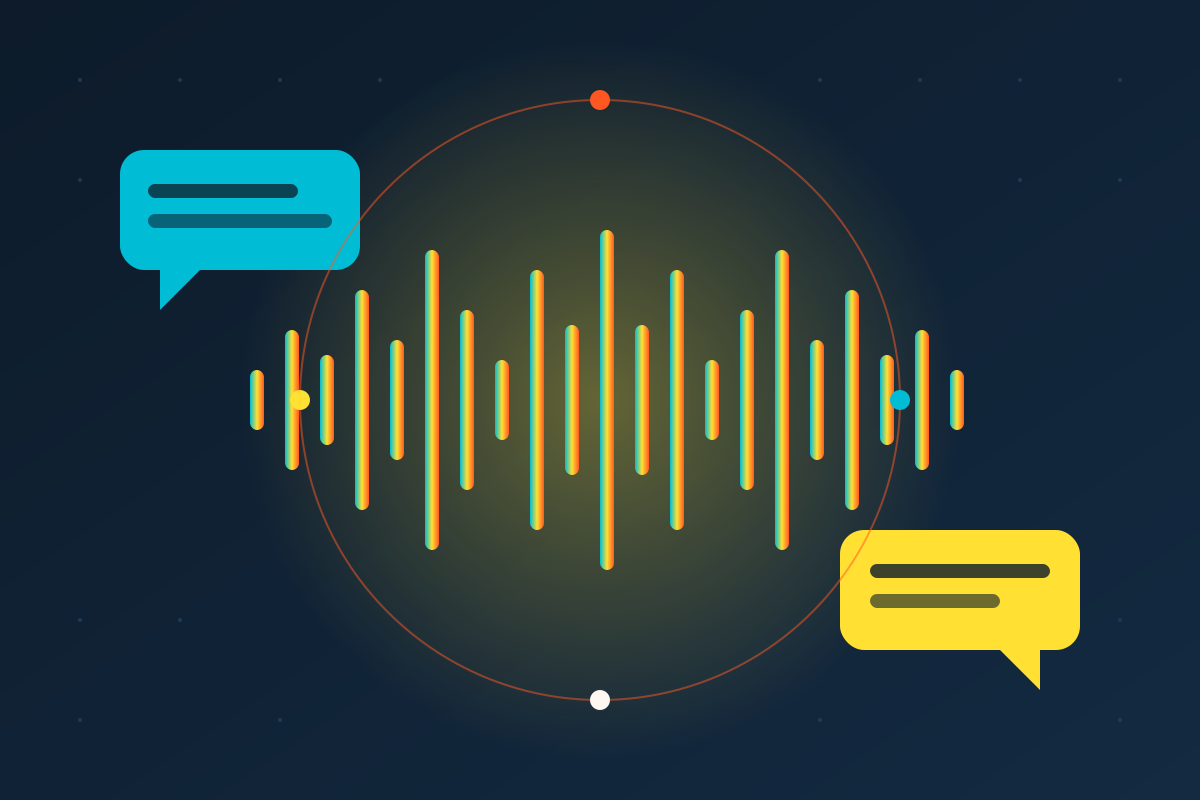 Illustration of voice and chat automation - a waveform between two message bubbles in navy, teal and yellow