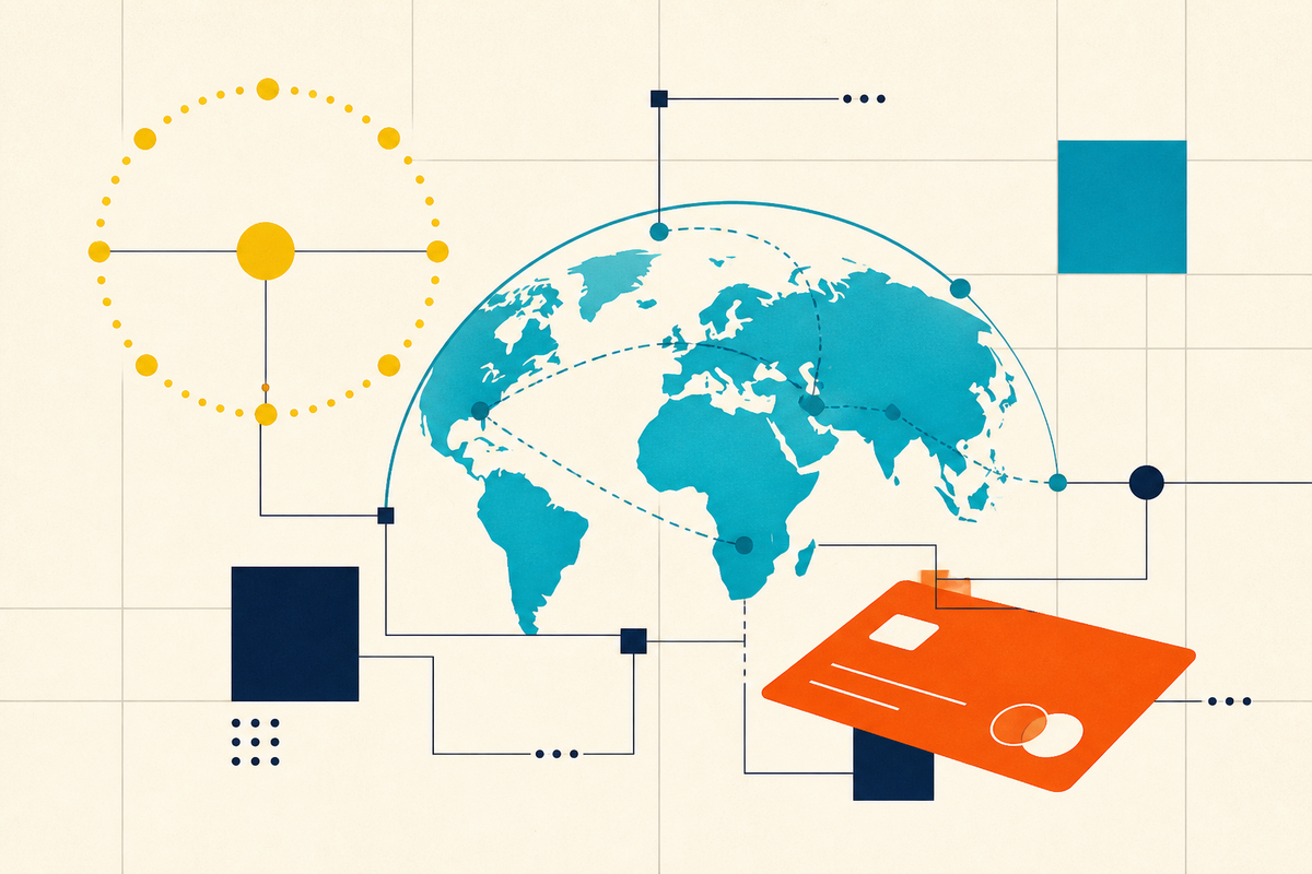 Abstract Swiss-style illustration linking a rewards orbit, a global travel network and a payment card