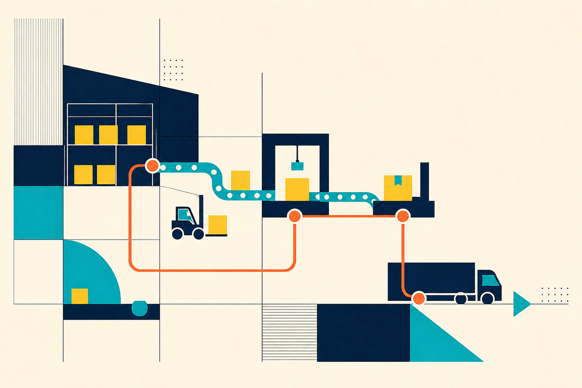 Abstract Swiss-style illustration of parcels moving through a warehouse, conveyor and truck network