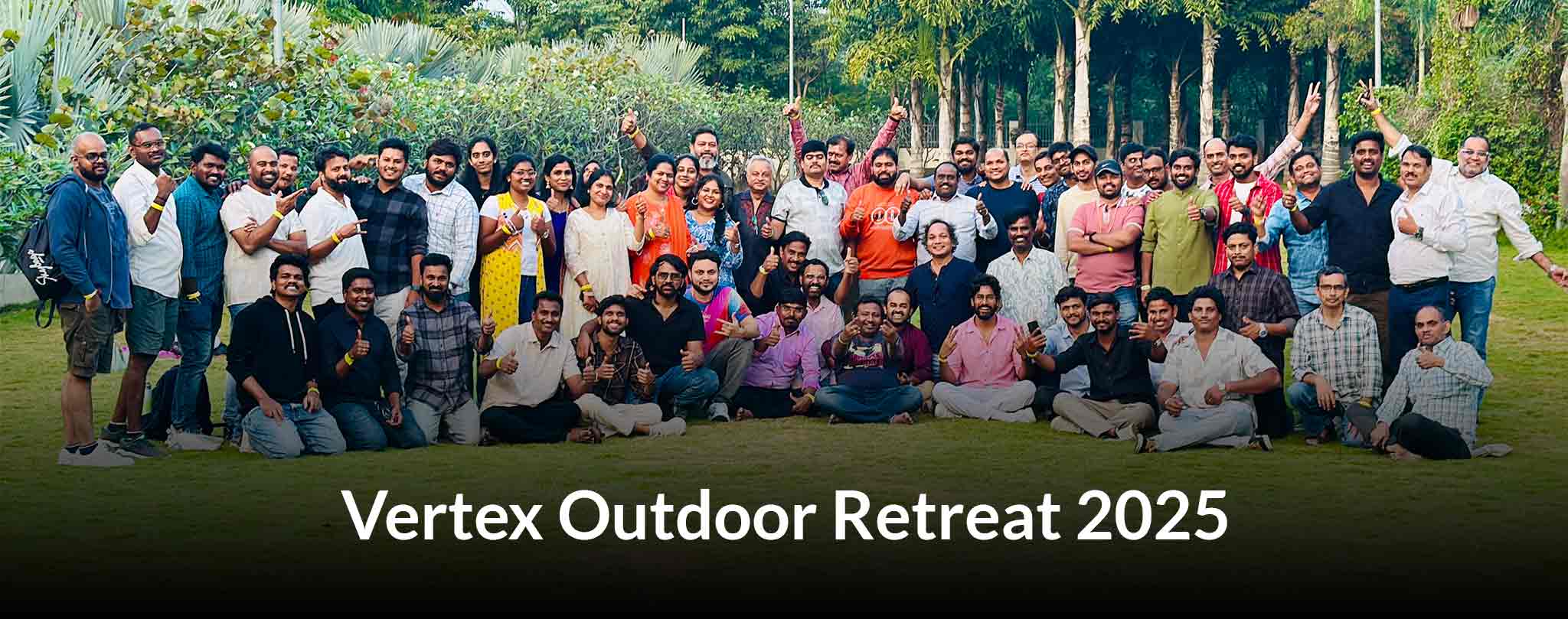 Vertex colleagues assembled outdoors during the company’s 2025 retreat
