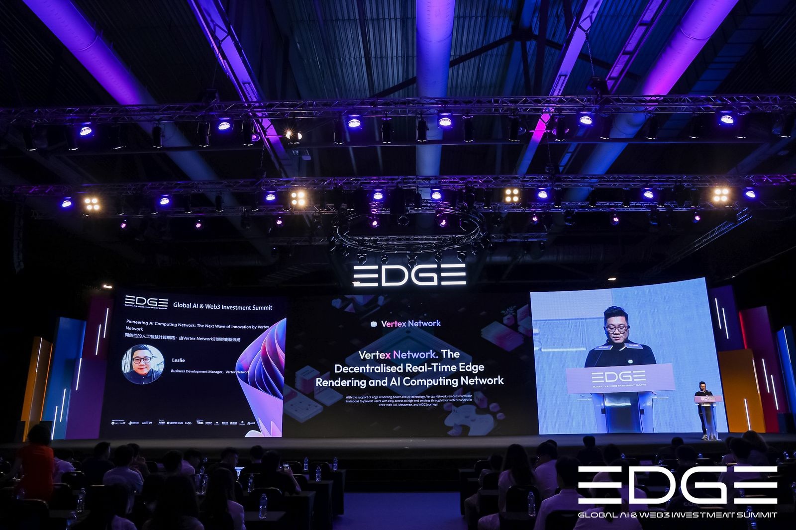 Leslie presenting Vertex Network’s edge rendering proposition on stage at Hong Kong’s EDGE Summit