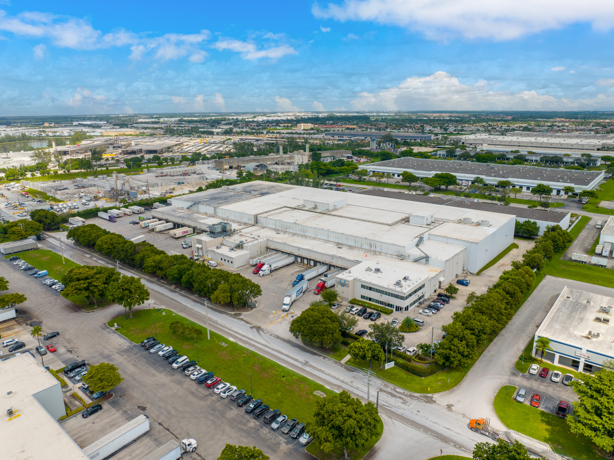 Aerial view of Vertical Cold Storage’s Medley warehouse and surrounding truck areas