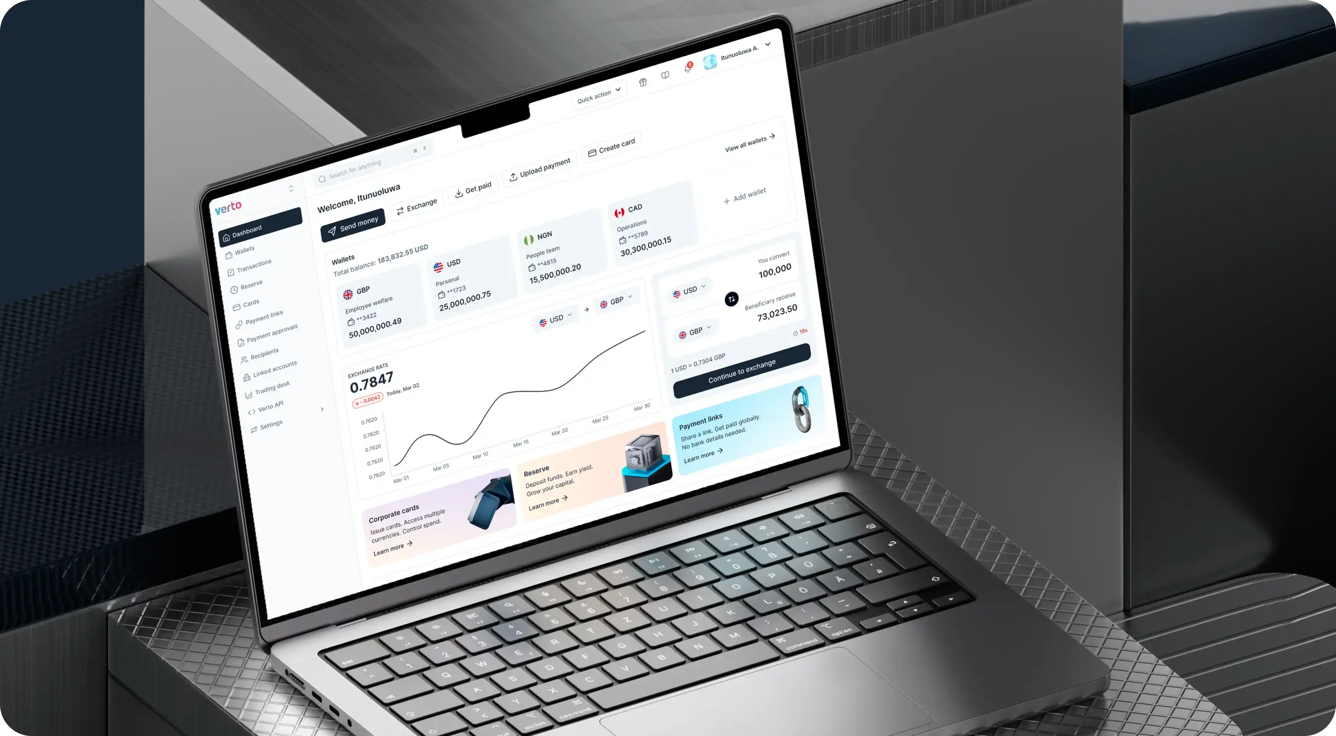 Verto product visual showing wallets, exchange tools and payment controls on a laptop