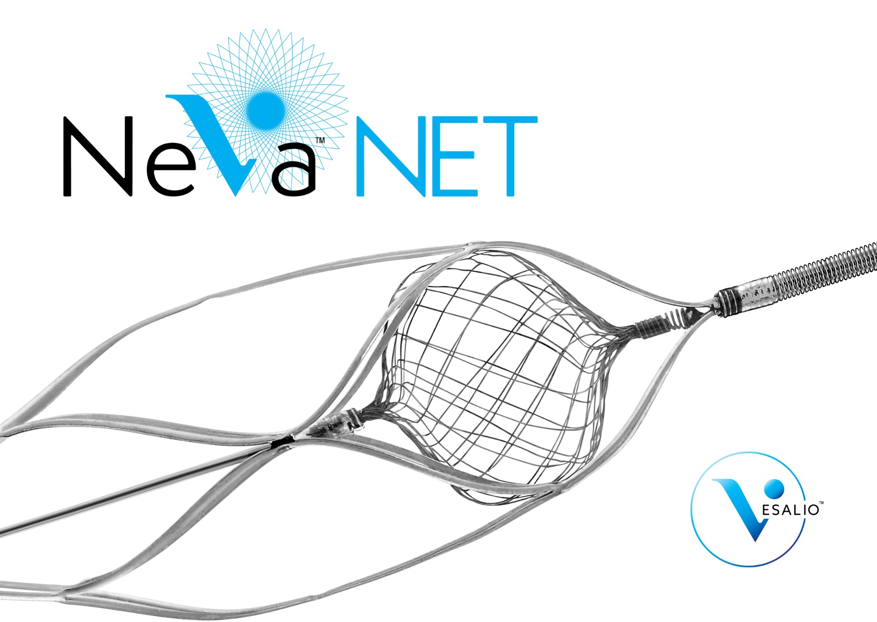 Vesalio NeVa NET clot retriever showing its open basket and distal filter