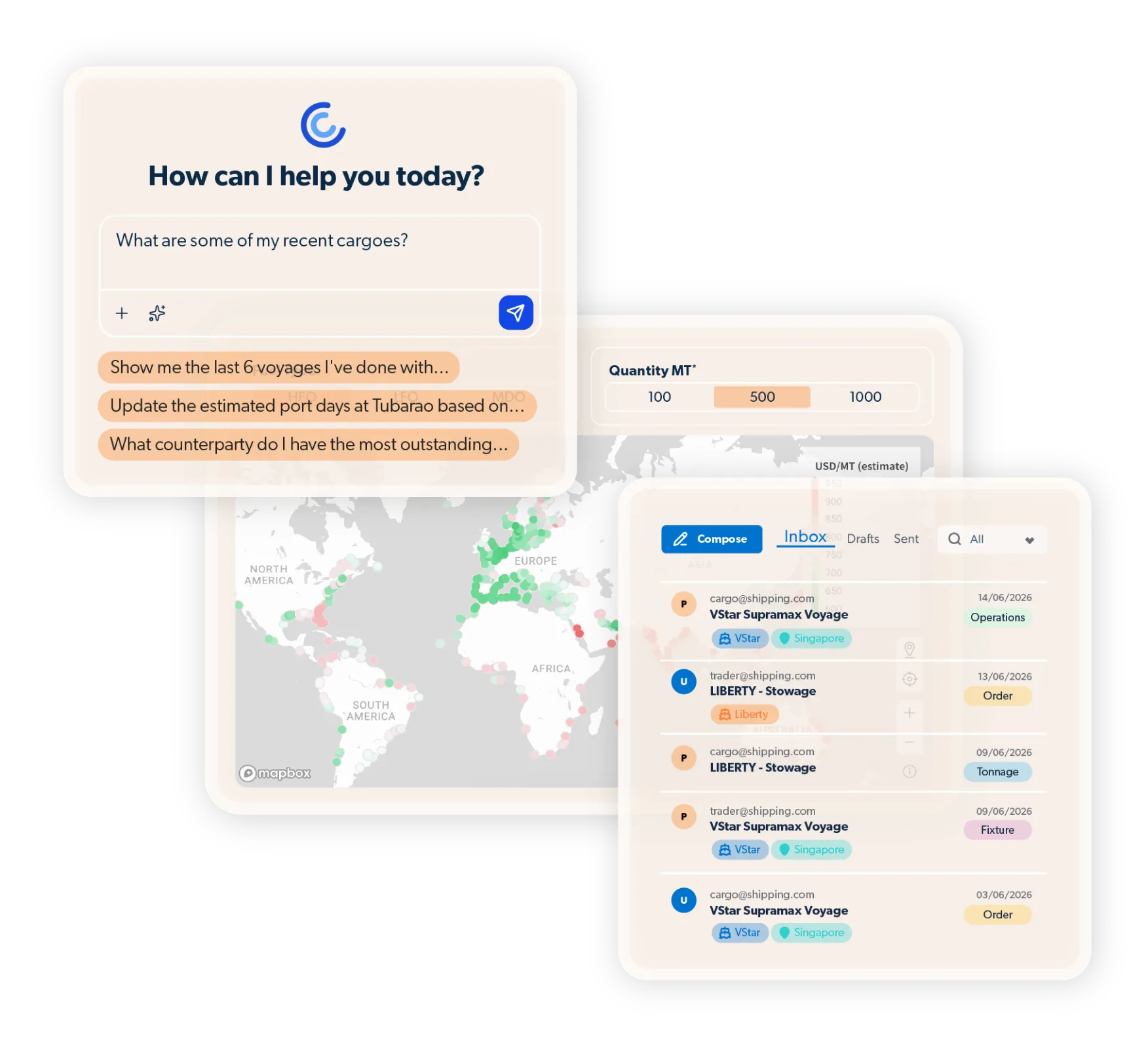 Veson product illustration showing CoCaptain questions, maritime data and a tagged email inbox