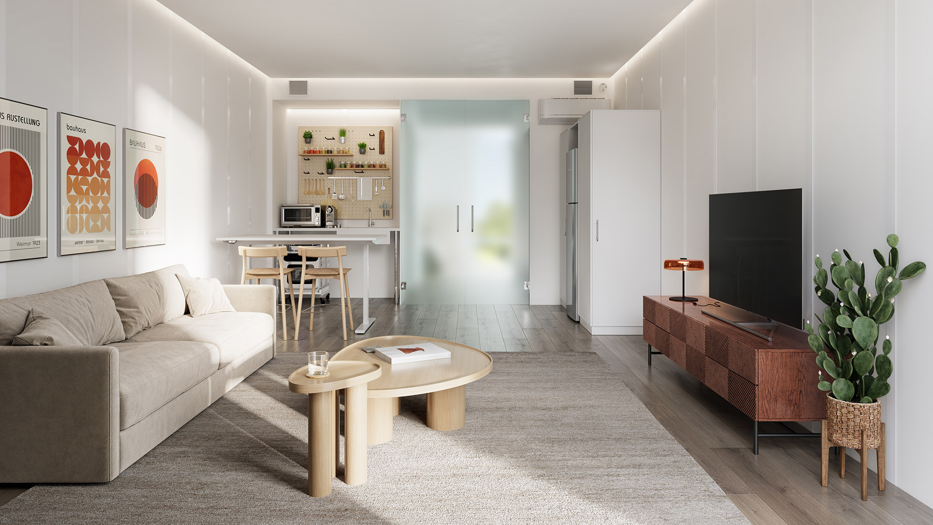 Interior of a Vessel apartment with vaulted ceiling and large window