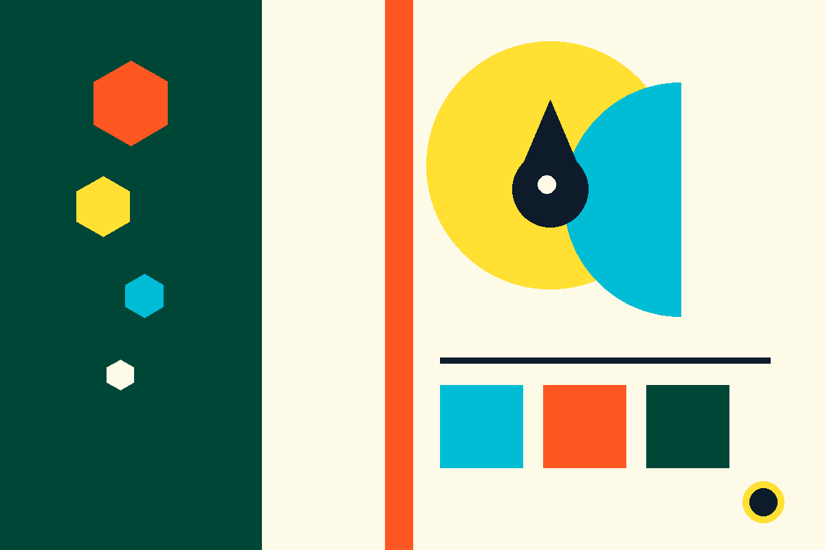 Swiss-style graphic of hexagons, a droplet and geometric blocks in the Vestacy palette