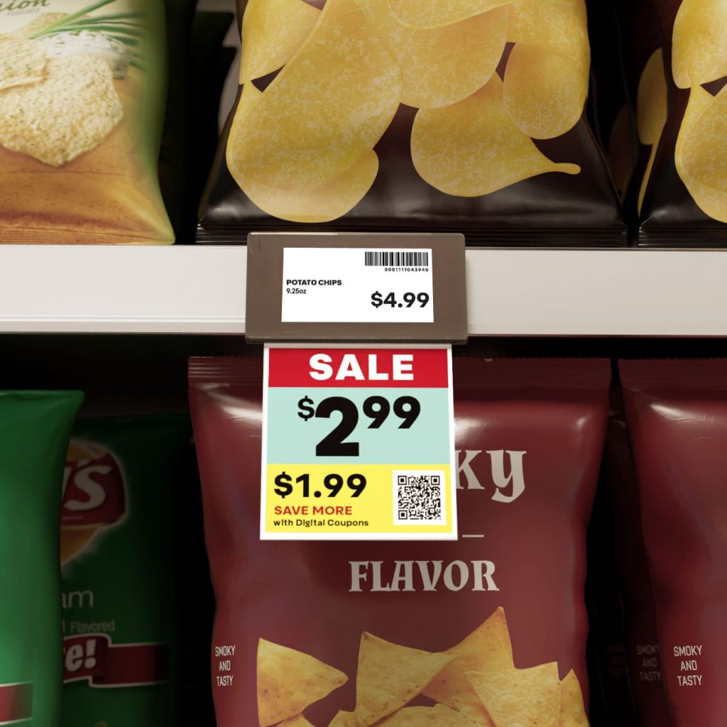 Electronic shelf label above a printed flexStackz sale and digital coupon tag