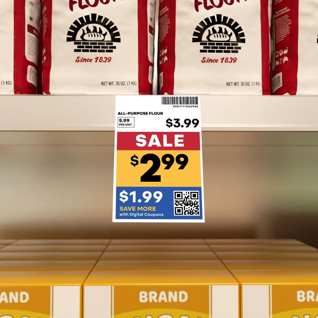 Vestcom promotional shelf tag beneath flour showing regular, sale and digital coupon prices