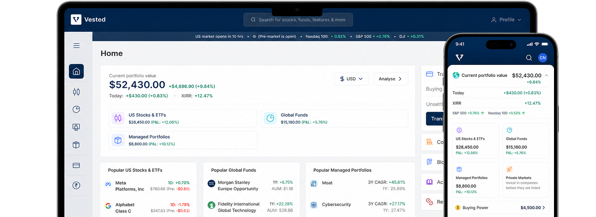 Vested’s illustrative desktop and mobile dashboards showing stocks, funds and managed portfolios
