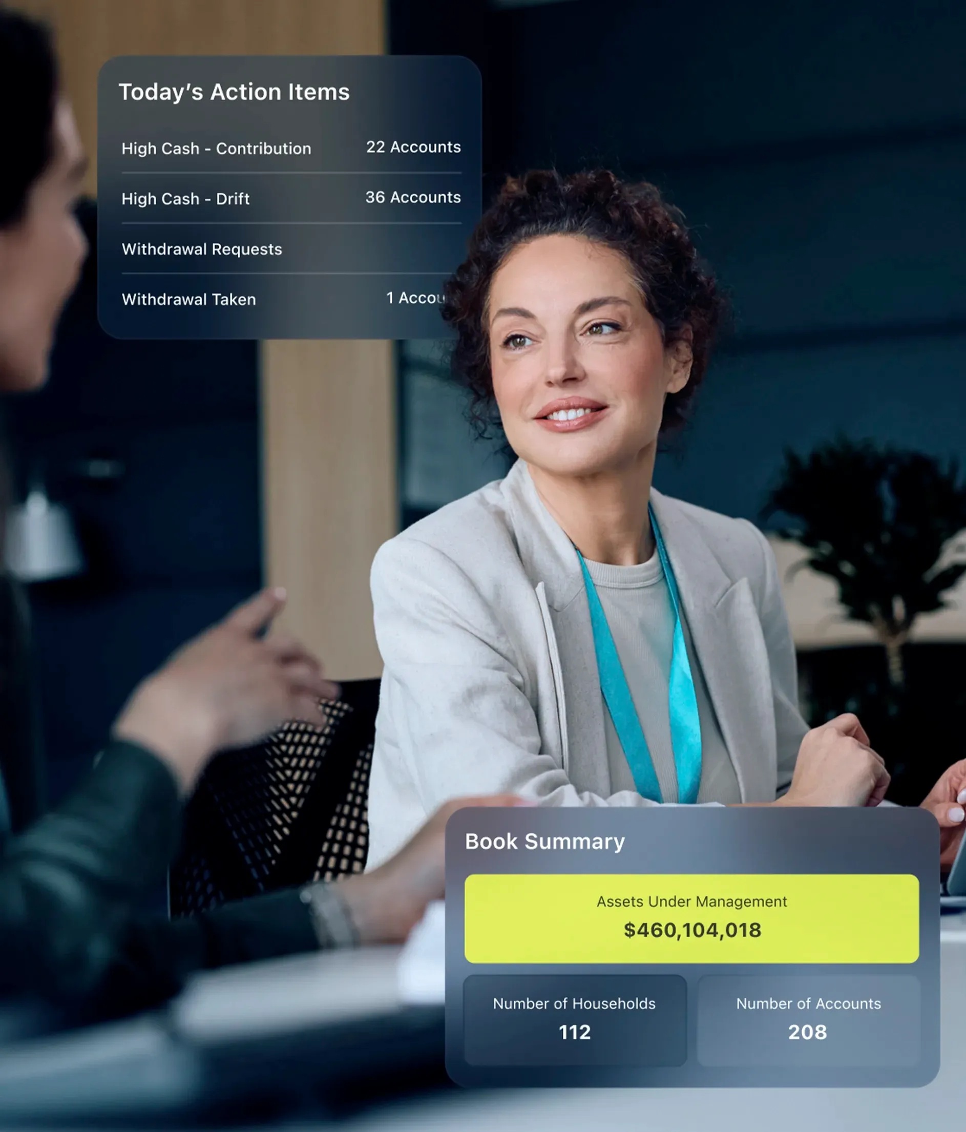 Vestmark promotional illustration combining an advisor-client meeting with an example dashboard showing action items and a book summary