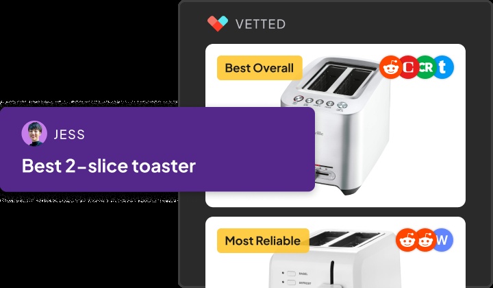 Vetted product illustration showing a toaster query and recommendation cards labeled Best Overall and Most Reliable