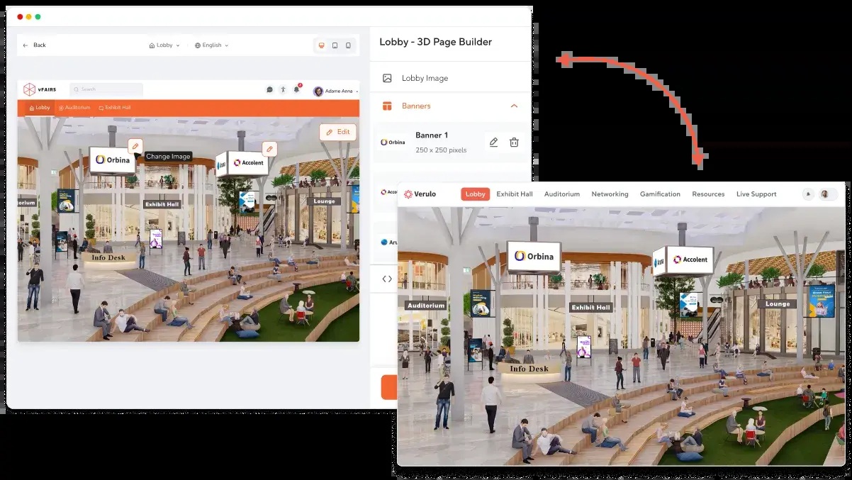 vFairs product screenshot illustrating its virtual venue builder and event lobby