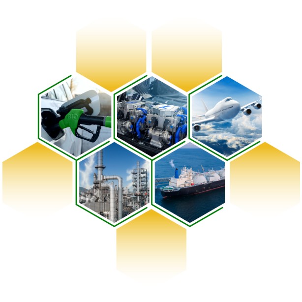 Collage of transportation, engines, aviation, refining and shipping - the markets VIA BioFuels targets