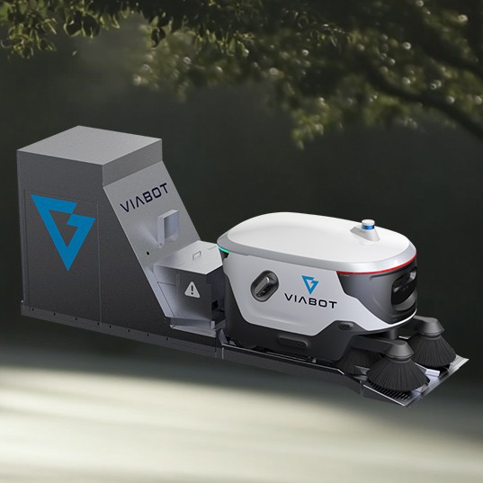 Viabot's outdoor robot beside its docking and collection station