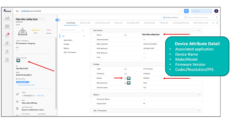 Armis inventory interface showing device attributes supplied through the Viakoo integration