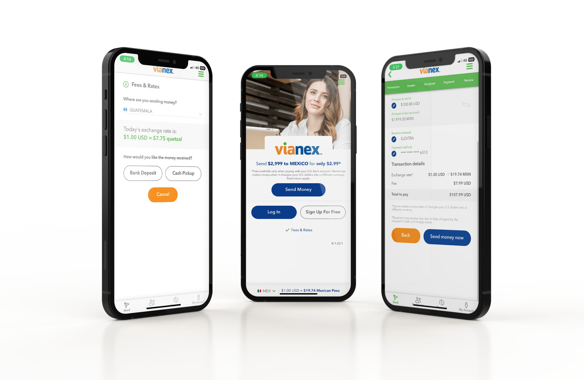Vianex marketing artwork showing mobile transfer screens and receiving-method choices