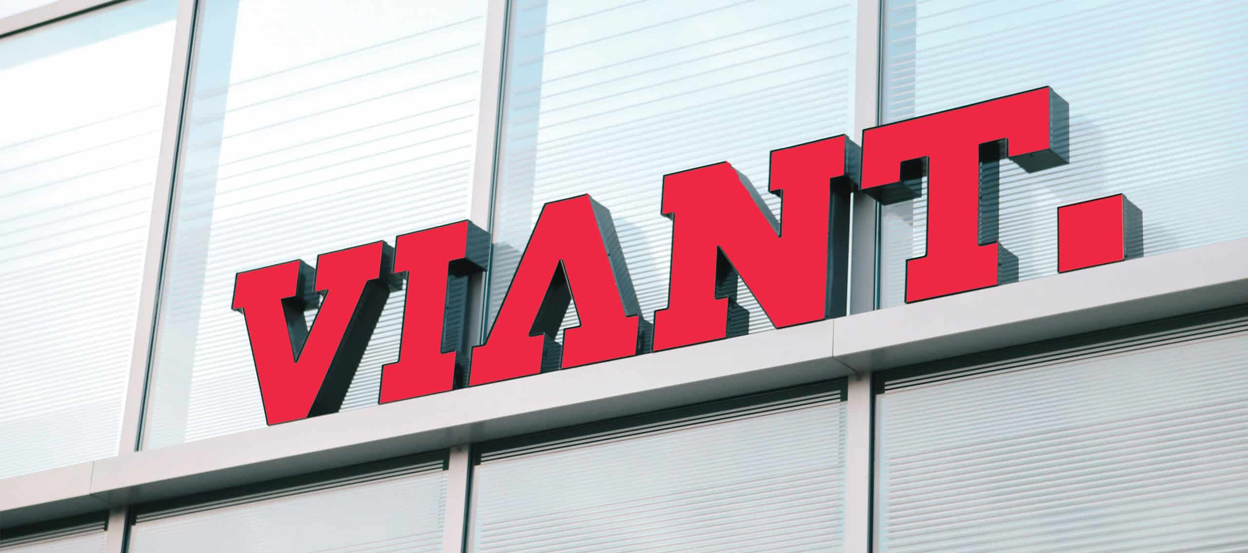 Large red Viant letters installed inside the company's office