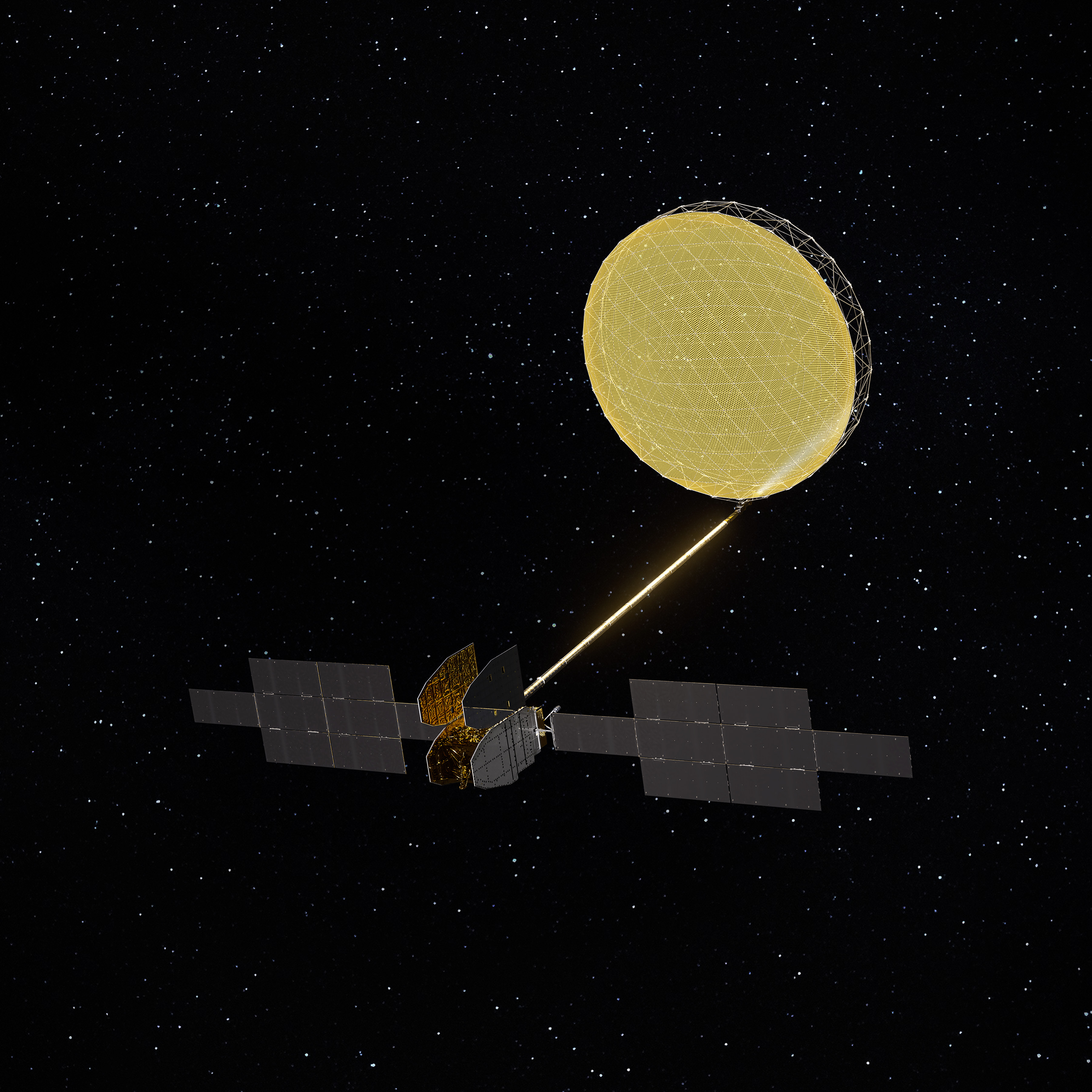 Viasat rendering of a ViaSat-3 satellite with a golden reflector and extended solar panels