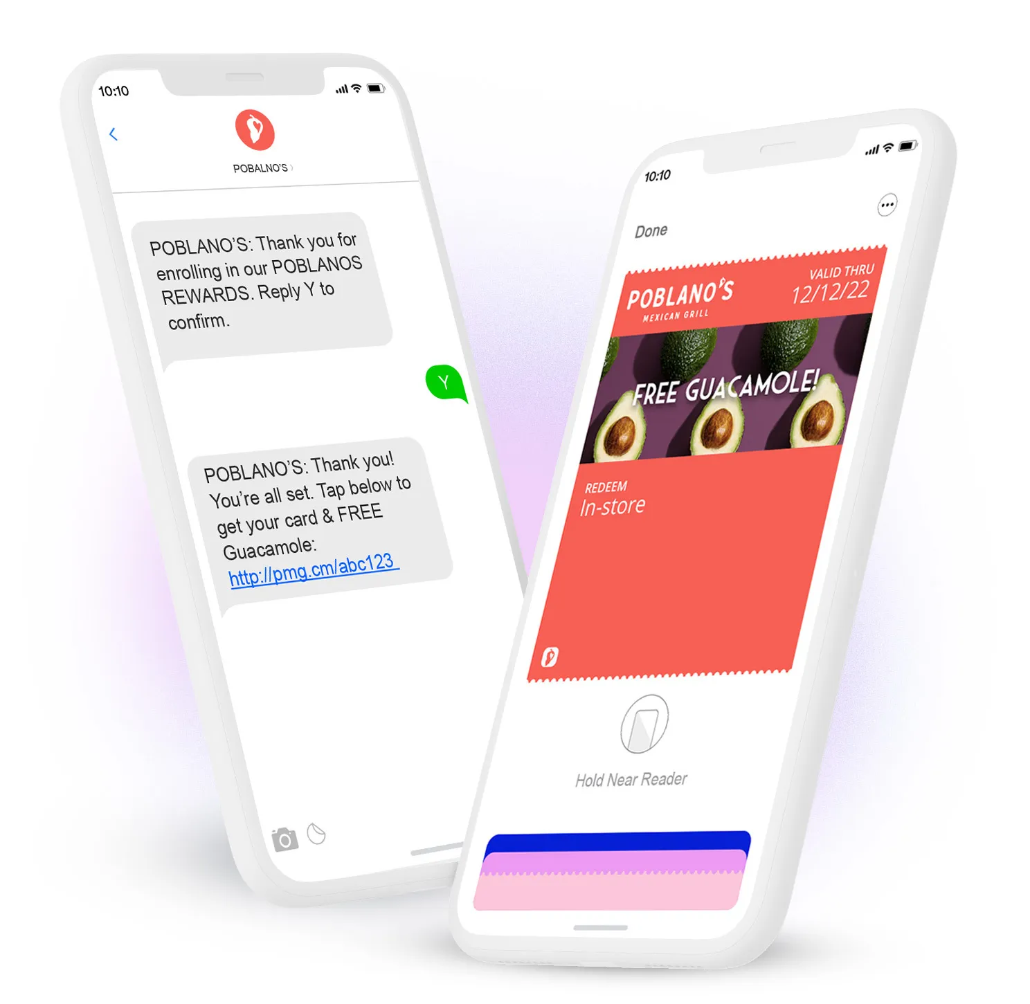 Vibes product illustration showing restaurant marketing messages on two phones