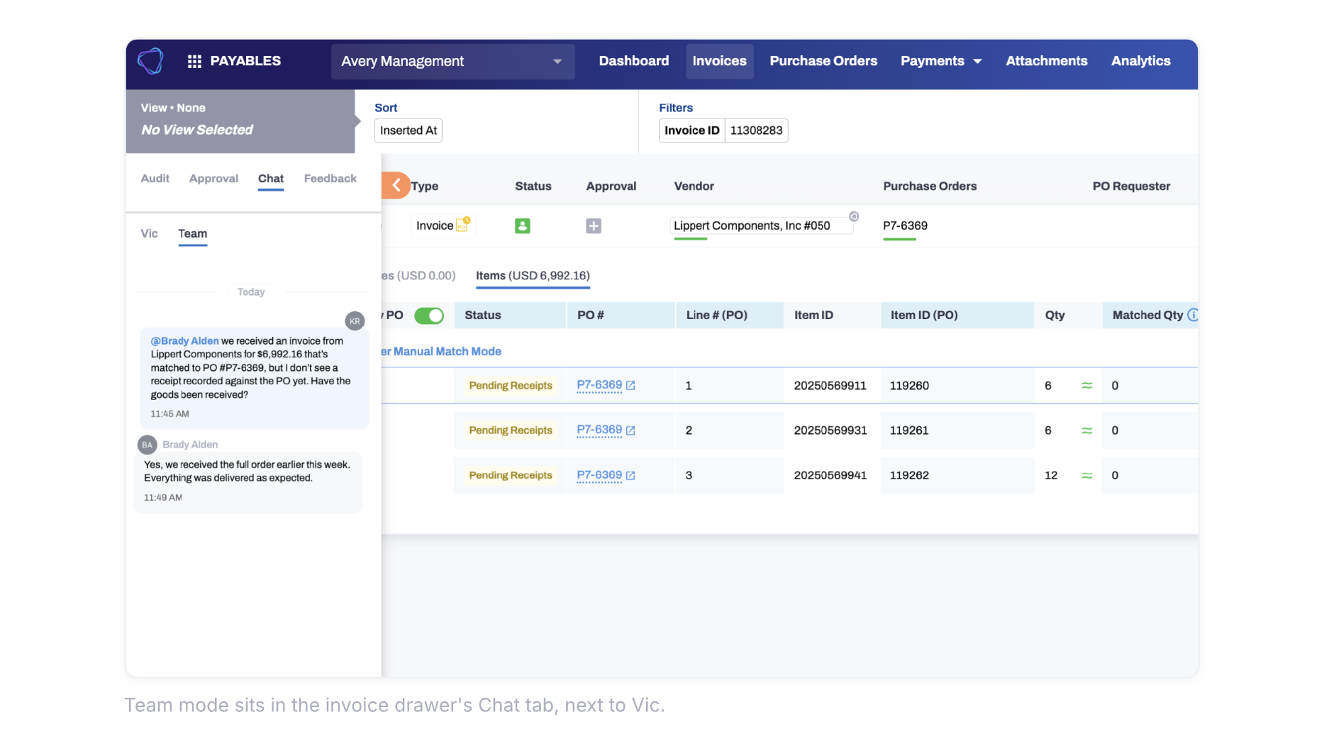 Vic.ai invoice chat interface with team discussion attached to an invoice