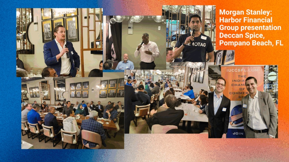 Chamber gallery collage of a business presentation and attendees at Deccan Spice in Pompano Beach