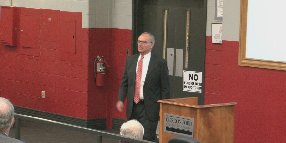 Vic Richey beside the lectern at Western Kentucky University during his 2017 campus visit