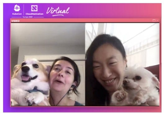 Vicki Cheung and Constance Caramanolis appearing with their dogs during virtual KubeCon and CloudNativeCon Europe 2020