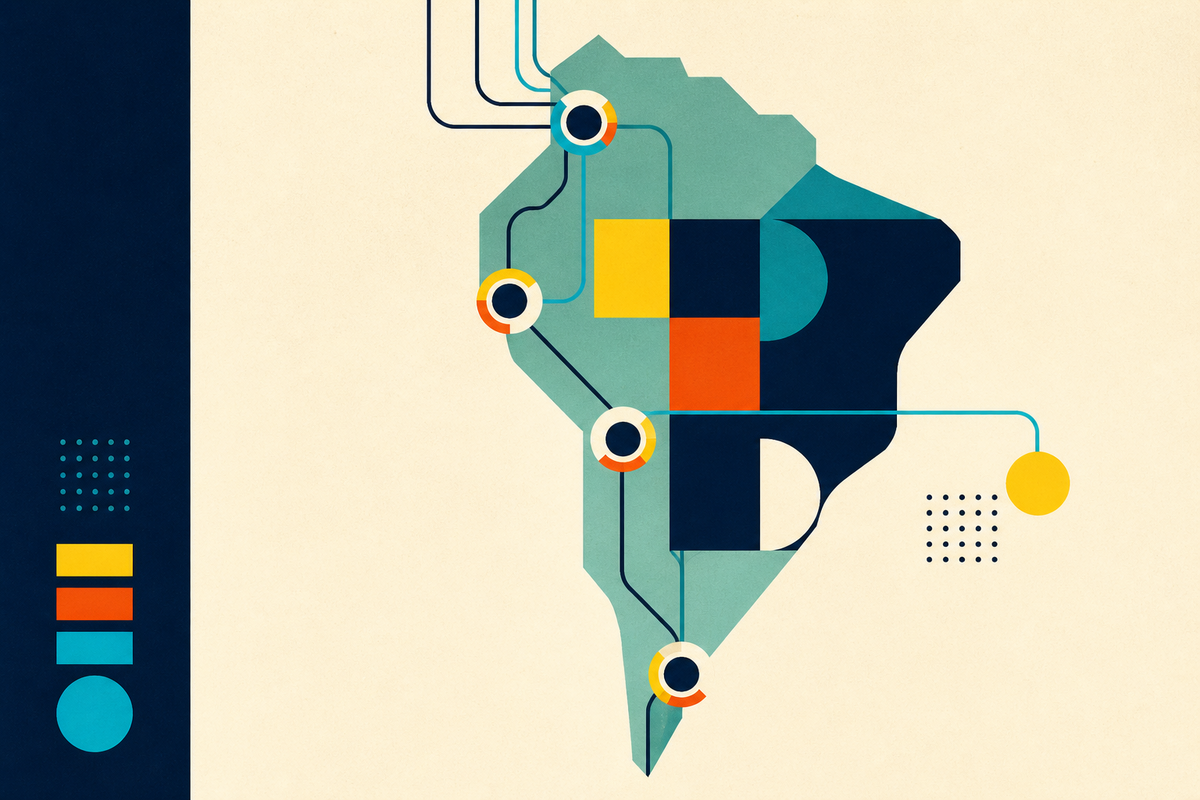 Abstract Swiss Style map of South America with four connected investment nodes