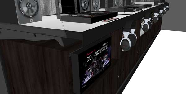 Close-up of Victory’s DJ equipment demonstration counter