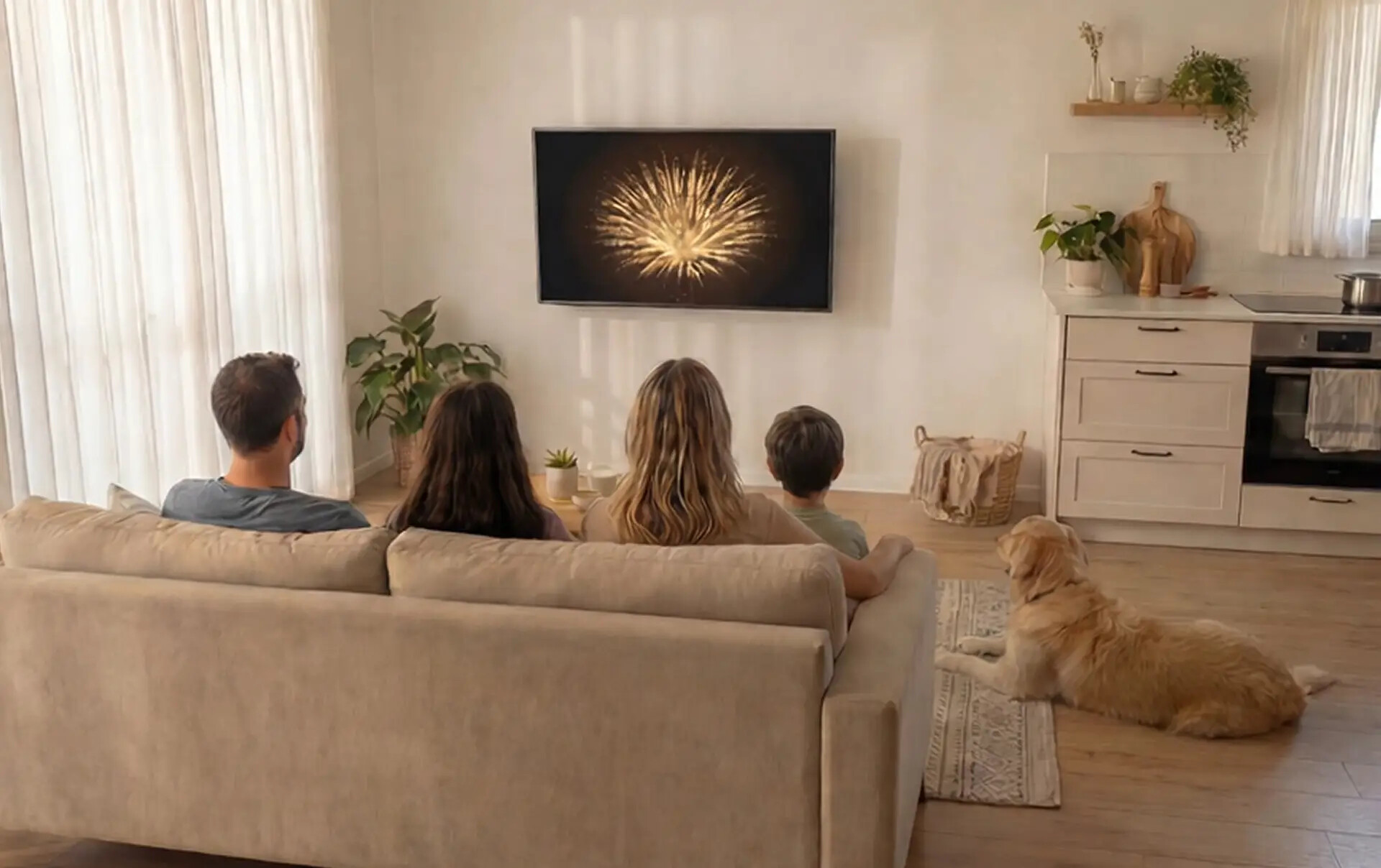 A family and their dog watching a wall-mounted television in a bright living room