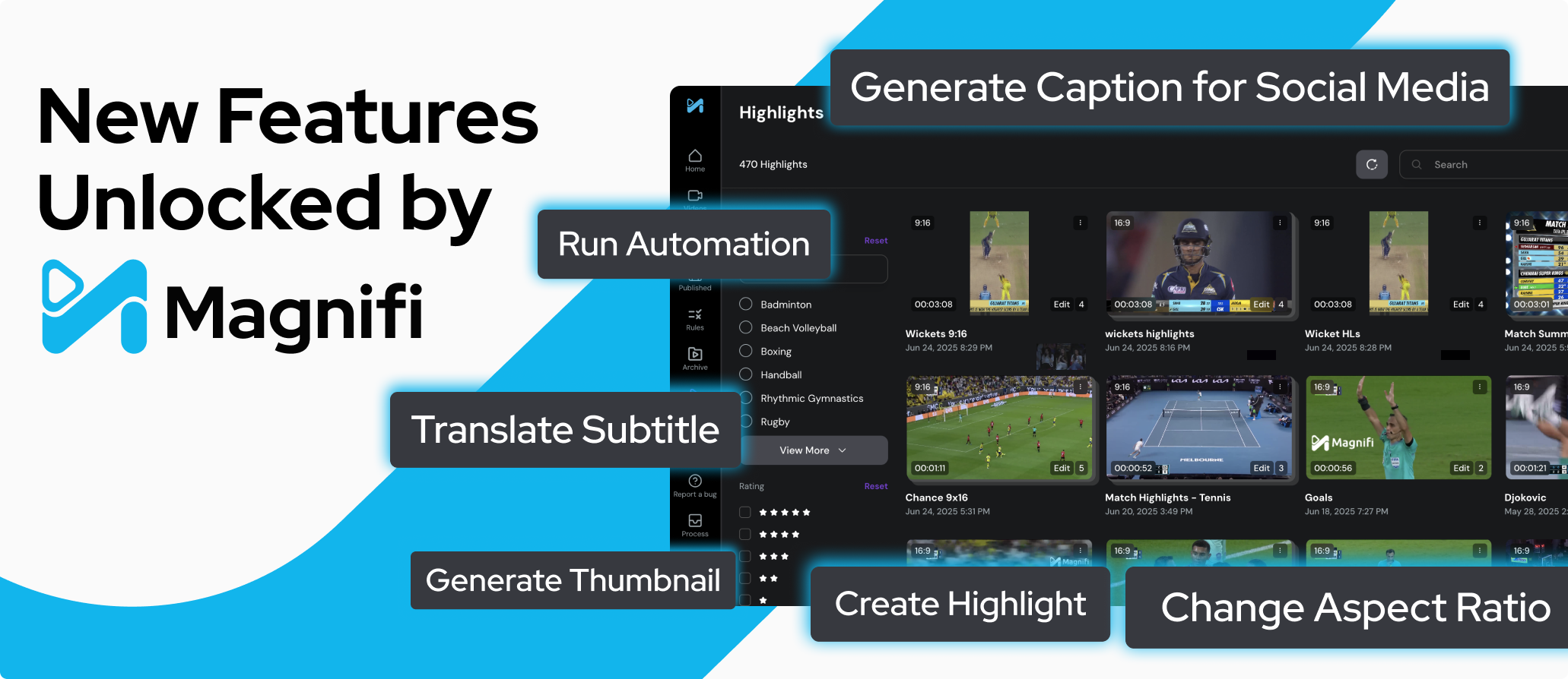 Magnifi’s published feature graphic showing highlight clips, automation, subtitle translation and aspect-ratio tools