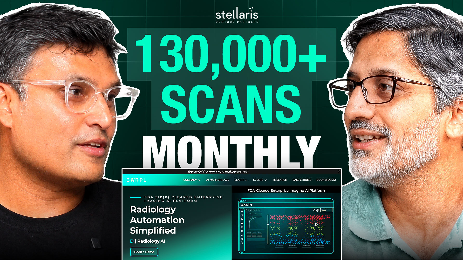 Podcast artwork featuring Vidur Mahajan, Alok Goyal and a CARPL dashboard with the text 130,000 plus scans monthly