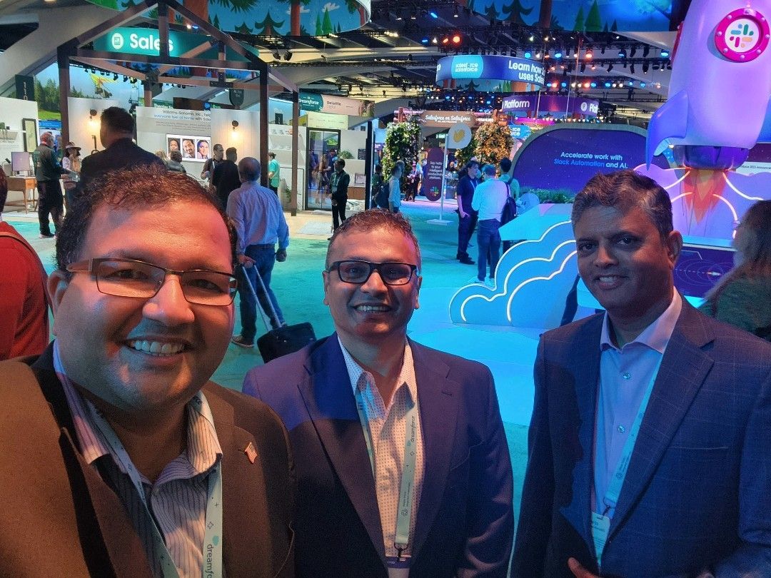 Subbu Parameswaran, Vignesh Shivraj and Krish Jayaraman together on the Dreamforce 2023 exhibition floor