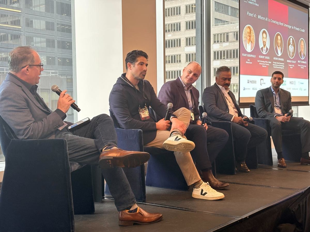 Vijay Gudipalli, second from right, seated with fellow panelists at the 2026 Private Credit Technology Summit.