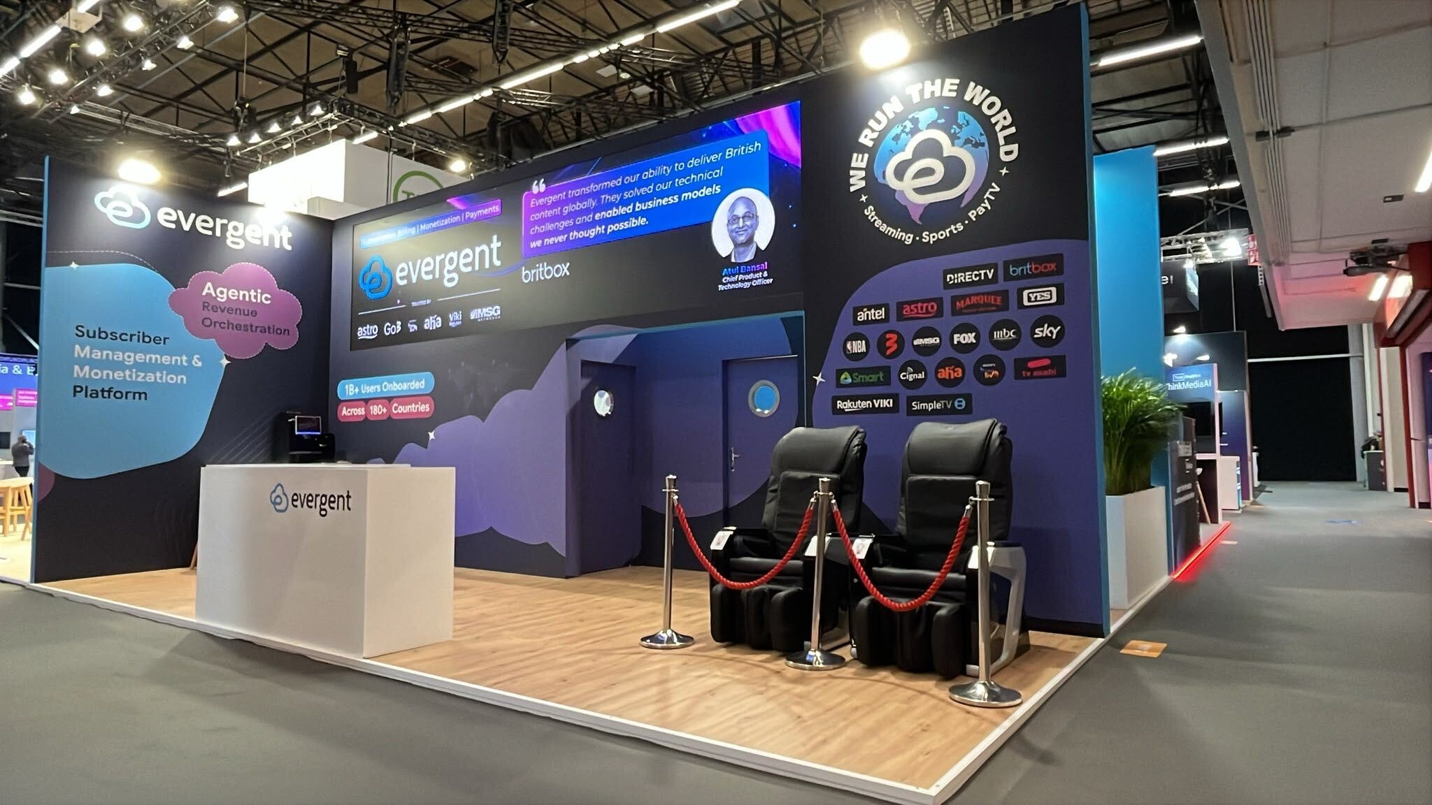 Evergent’s purple exhibition stand at IBC2026 in Amsterdam